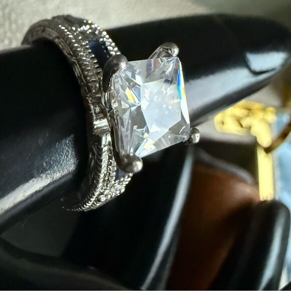 Large Princess Cut CZ Ring with Blue Accent Stones – Size 8 Bold Glam Look - Picture 4 of 17